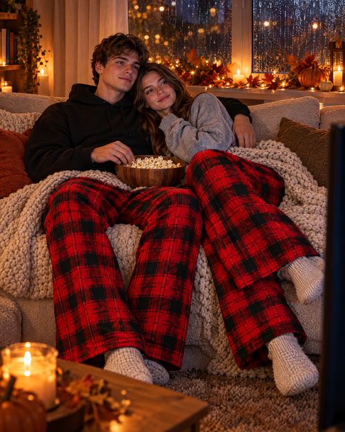 Koppel in The Red Pants op de bank met een film en popcorn