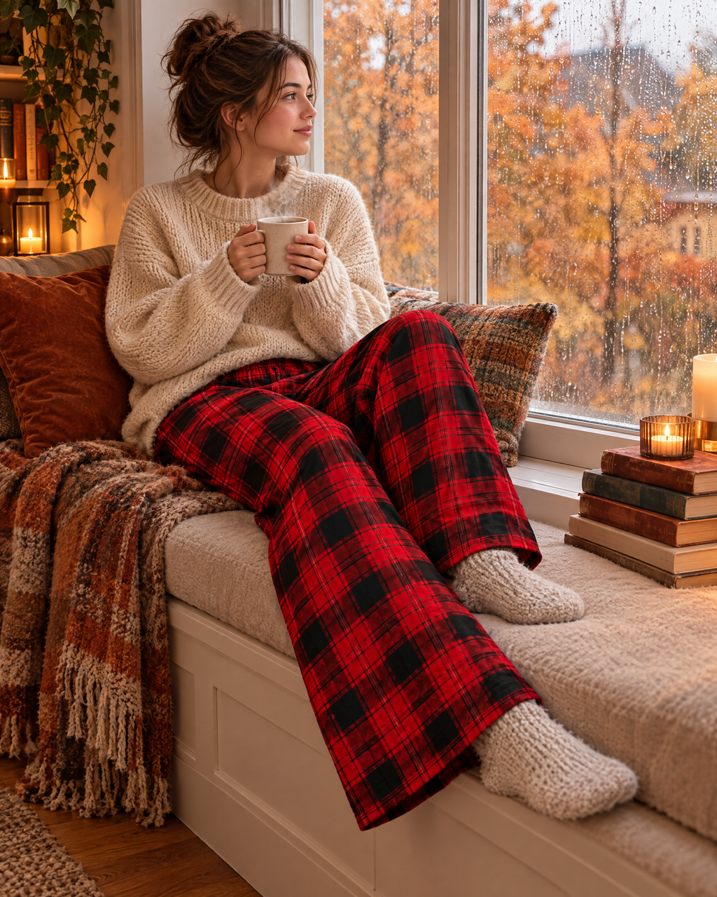 The Red Pants met een kop thee bij het raam in de herfst
