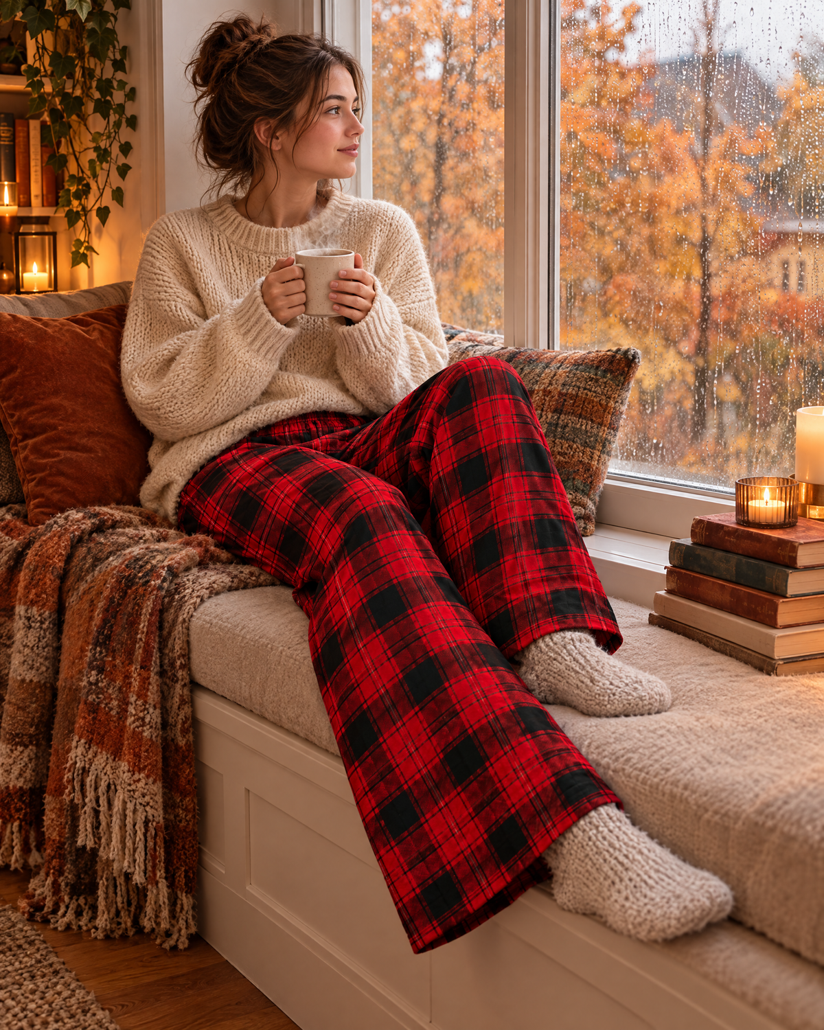 The Red Pants met een kop thee bij het raam in de herfst